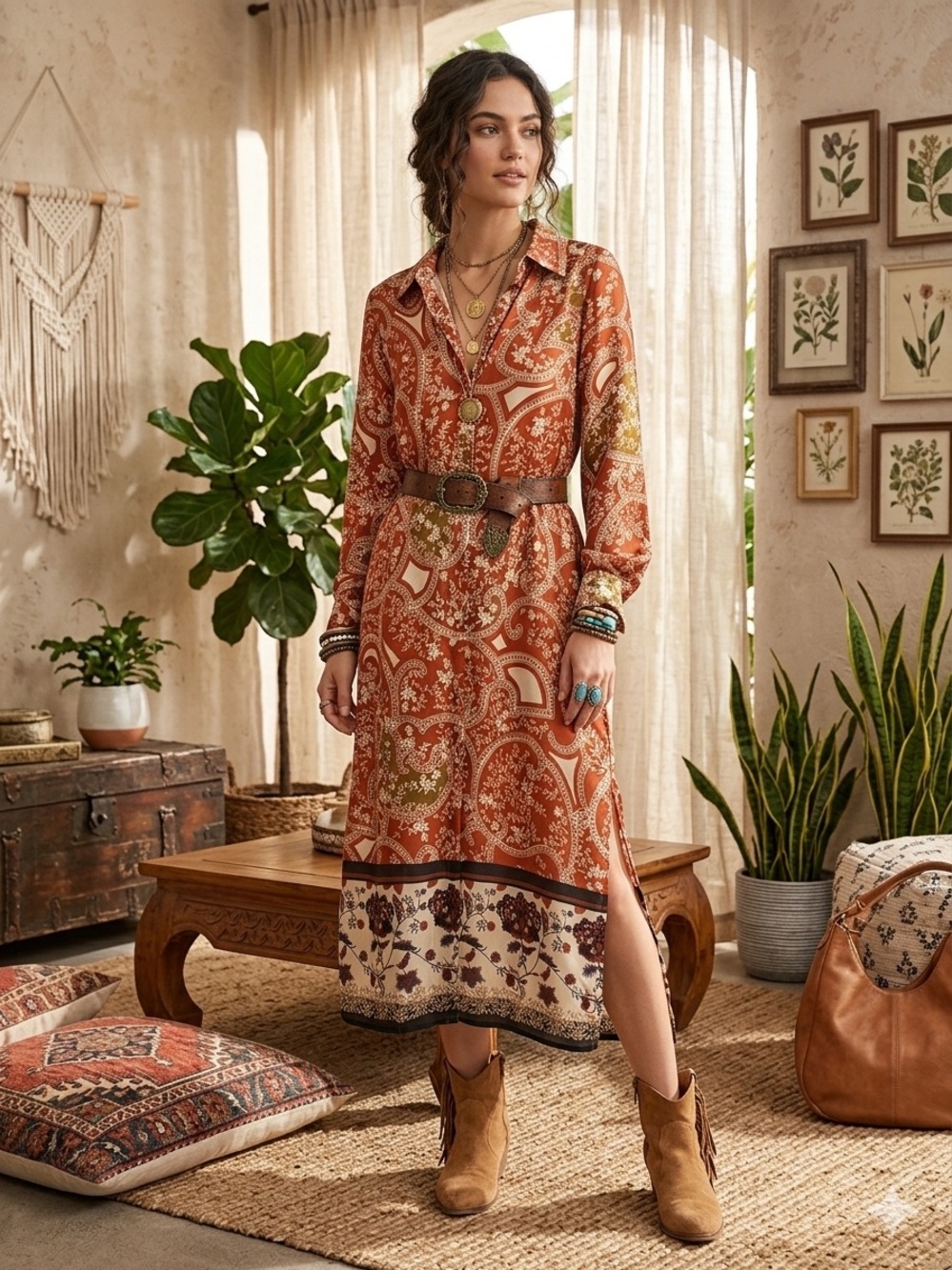 1. State Rust Paisley Maxi Dress with Cream Hem and Olive Accents - Picture 1 of 4